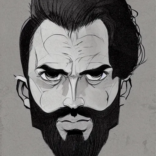 Image similar to very high angle view, very attractive man with beard, highly detailed full body, strong masculine features, 3/4 front view, slim, command presence, royalty, weathered face, smooth, sharp focus, organic, appealing, book cover, deep shadows, by Dave McKean sketch lineart for character design