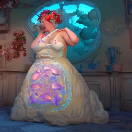 Prompt: of a very beautiful scene. ambient occlusion render. a sweet fat old woman is giving a birth to a huge colorful fish. flowery dress. mirror. symmetrical face, red mouth, blue eyes. deep focus, lovely scene. ambient occlusion render. concept art. unreal engine.