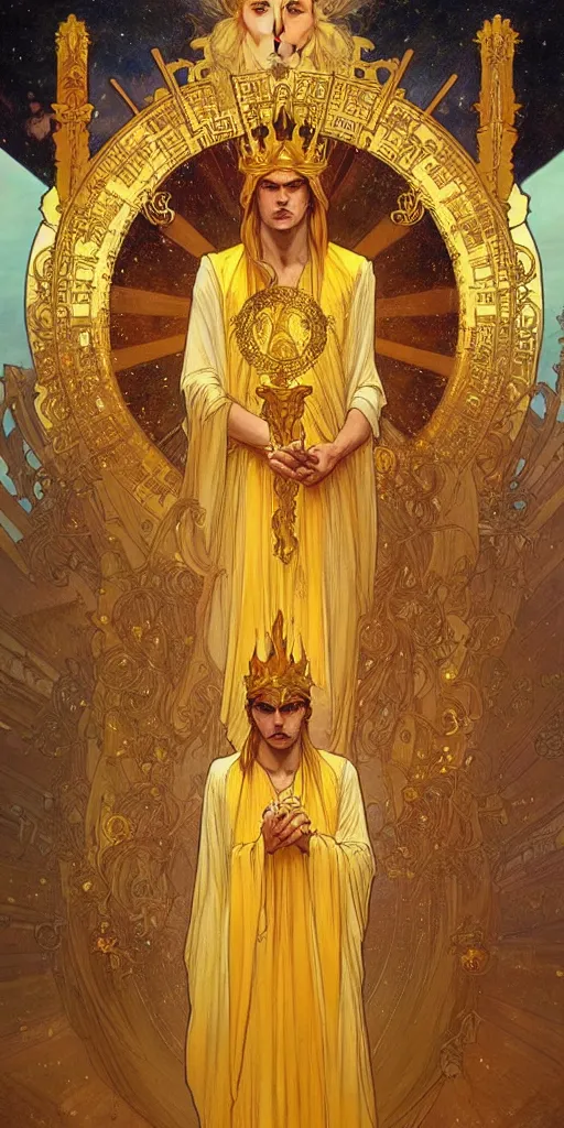 Prompt: a god wearing golden clothes and golden crown, amazing, tarot art, painting by greg rutkowski and alphonse mucha
