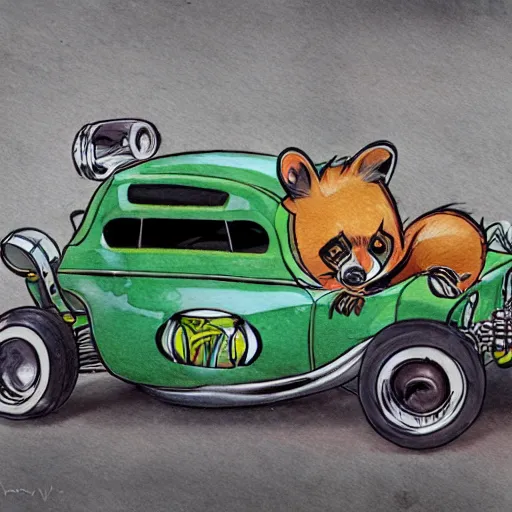 Prompt: racoon riding in a tiny hot rod coupe with oversized engine, ratfink style by ed roth, centered award winning watercolor pen illustration, by vonnie whitworth edited by range murata