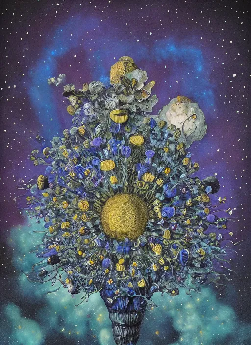 Image similar to detailed, intricate blue black and purple papaverum flower on the field, nebula, galaxy in the sky, winning award masterpiece, fantastically beautiful, illustration, aestheticly inspired, jacek yerka, upscale with anguissola sofonisba work, artstation, 8 k