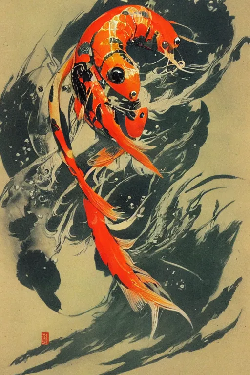 Prompt: a koi fish fighter robot by Frank Frazetta