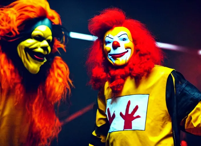 Image similar to publicity photo still of ronald mcdonald wearing a slipknot mask touring with slipknot live on stage, 8 k, live concert lighting, mid shot