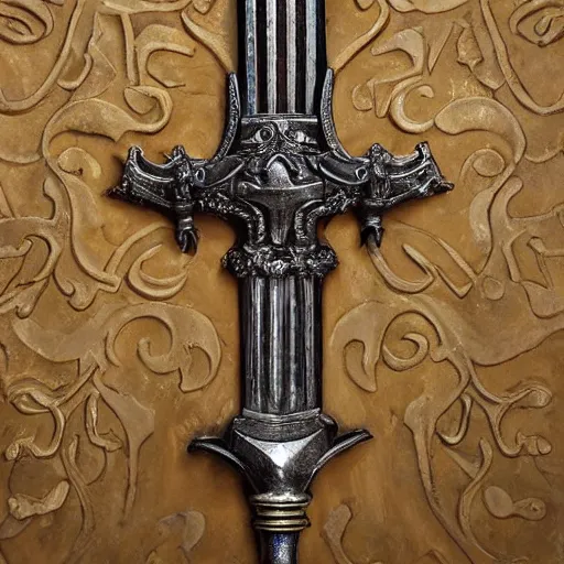 Image similar to sword of justice hanging on a wall, ornate gem in pommel