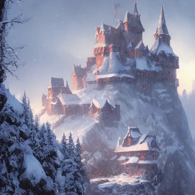 Prompt: a painting of a castle in the middle of a snowy mountain, a detailed matte painting by andreas rocha and greg rutkowski, featured on artstation, fantasy art, matte drawing, matte painting, artstation hq