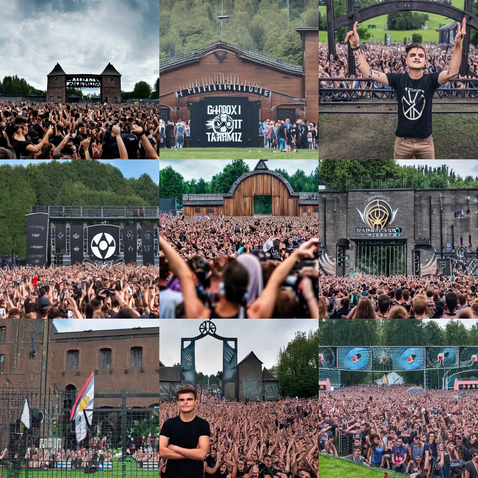 Prompt: dj martin garrix tomorrowland in front of auschwitz gate arbreit macht frei concentration field