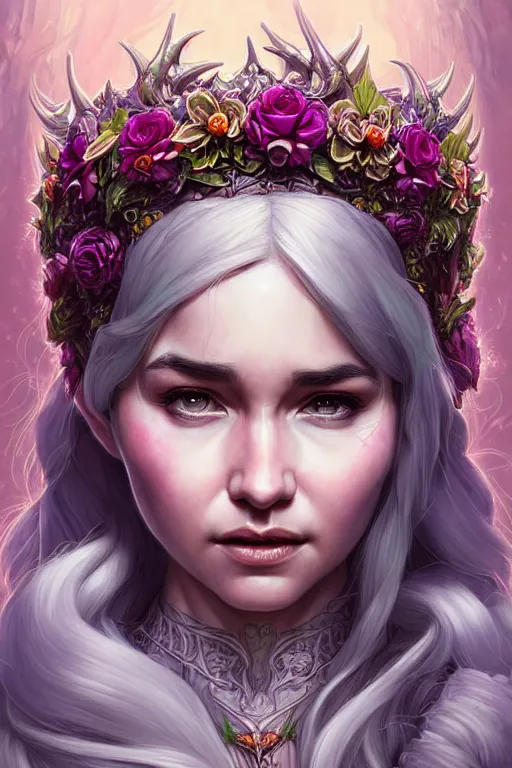 Image similar to digital art, centered full body elven bride with the face of emilia clark, vivid flower crown ,intricate, veins, by James Jean and by artgerm, by ross tran , ultradetailed, charachter design, concept art, trending on artstation,