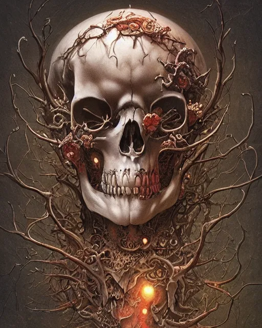 Image similar to a beautiful detailed front view of a dead rotten skull with ornate growing around, ornamentation, sculpture, elegant, beautifully soft lit, by wayne barlowe, peter mohrbacher, kelly mckernan