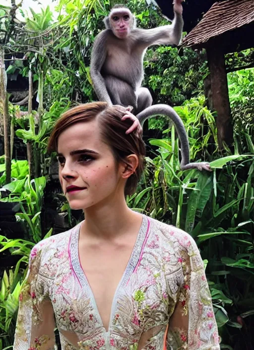 Prompt: emma watson wearing traditional kebaya bali in bali. iconic monkey place in bali. front view. instagram holiday photo shoot, perfect faces, 3 5 mm