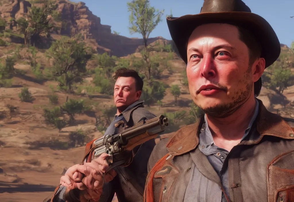 Image similar to elon musk in the red dead redemption 2, elon musk in the video game red dead redemption 2, gameplay screenshot, close up, 3 d rendering. unreal engine. amazing likeness. very detailed.