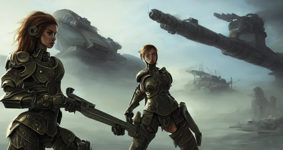 Image similar to a photorealistic painting of an attractive young warrior girl, clothed in stealth-battle armor with a giant sci-fi sniper rifle in her hands, olive skin, long dark hair, beautiful bone structure, symmetrical face, perfect eyes, a futuristic hover-tank with heavy laser-turret in the background, intricate details, elegant, digital painting, illustration, sharp focus, minimal artifacts, from Metal Gear, in the style of Ruan Jia and Mandy Jurgens and Greg Rutkowski, trending on Artstation, award winning, unreal engine, octane render