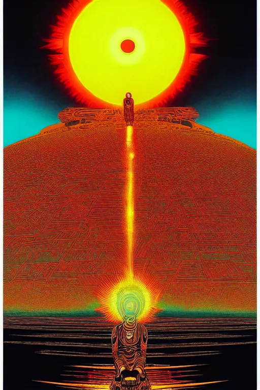 Image similar to a blazing geometric sun above a techno buddha, detailed, 4 k, warm colours, by beeple stanley donwood and philippe druillet,