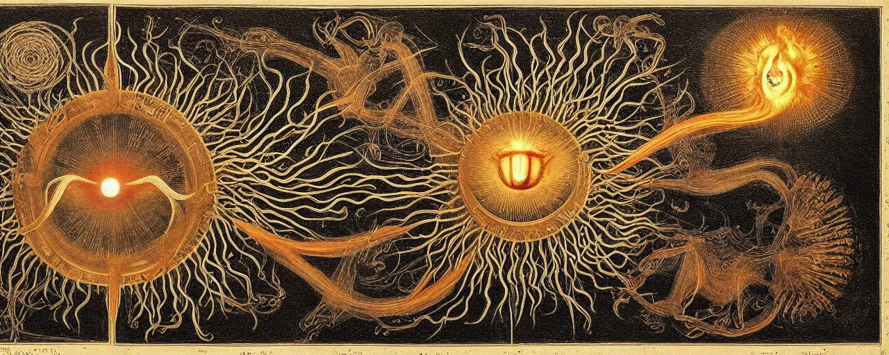 Image similar to a strange fire creature with endearing eyes radiates a unique canto'as above so below'while being ignited by the spirit of haeckel and robert fludd, breakthrough is iminent, glory be to the magic within, in honor of saturn, painted by ronny khalil