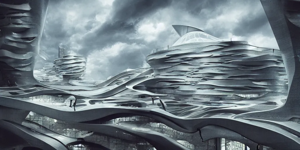 Image similar to Zaha Hadid building and le corbusier building and Mies van der rohe wrok in the same fantasy world photo inspired by Where weird things happen by Daniele Gay on art station and inspired by Mining by Risa lin on art station