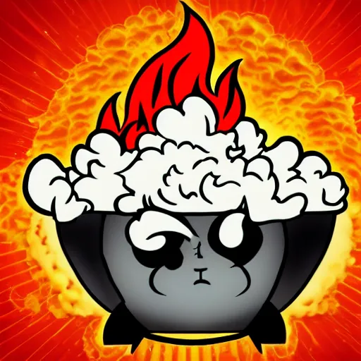 Image similar to fluffy popcorn hit by lightning, yokai, in the style of a manga character, with a smiling face and flames for hair, sitting on a lotus flower, white background, simple, clean composition, symmetrical