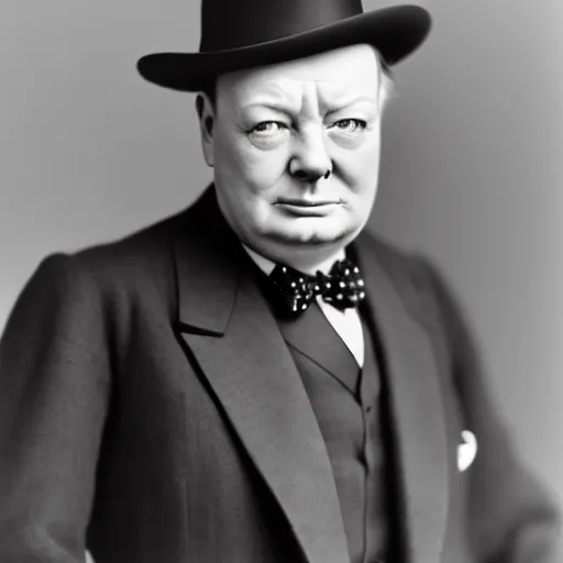 Image similar to winston churchill as iron man, historical photograph, highly detailed, full length portrait, photorealistic face, hd