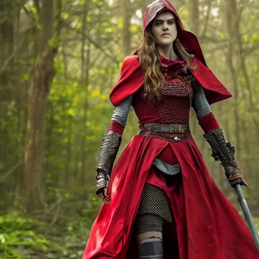 Image similar to full body photo red riding hood alexandra daddario armoured warrior, highly detailed, 4k, HDR, award-winning photo