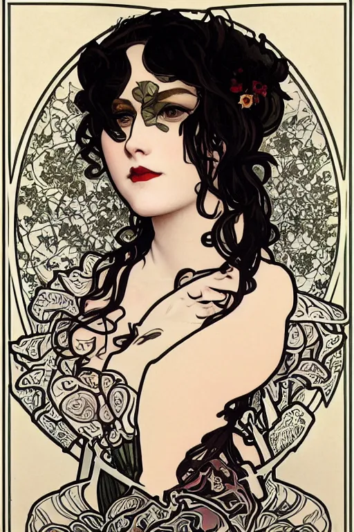 Prompt: A close-up portrait of a cute goth girl wearing a frilly black dress and a black lace choker by Alphonse Mucha, tattoos, art nouveau card, wlop, trending on artstation, 8k