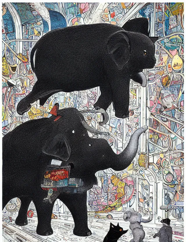 Image similar to realistic portrait of a stoned black cat and a tiny elephant in the very busy NYC subway looking at a train arriving to late by James Jean