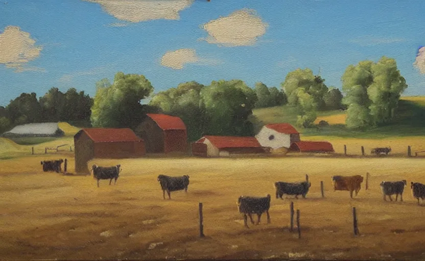 Prompt: old oil painting of a farm with blue sky