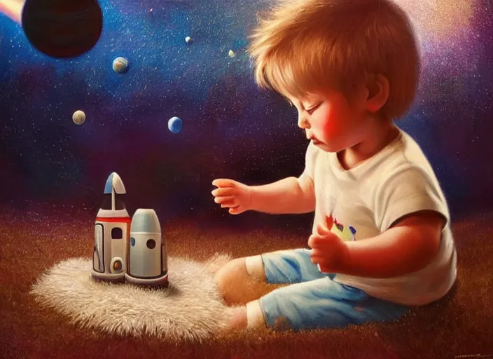 Image similar to toddler elon musk sitting on a shaggy rug playing with his little space rockets, realistic painting, beautiful soft lighting, istvan sandorfi