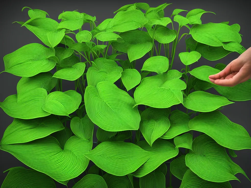 Image similar to 3 d render of a human hand reaching towards abundant flowering hosta plants!!!, 3 d geometric neon shapes, rule of thirds, clean linework, dramatic, award winning, 4 k, trending on artstation, photorealistic, volumetric lighting, octane render