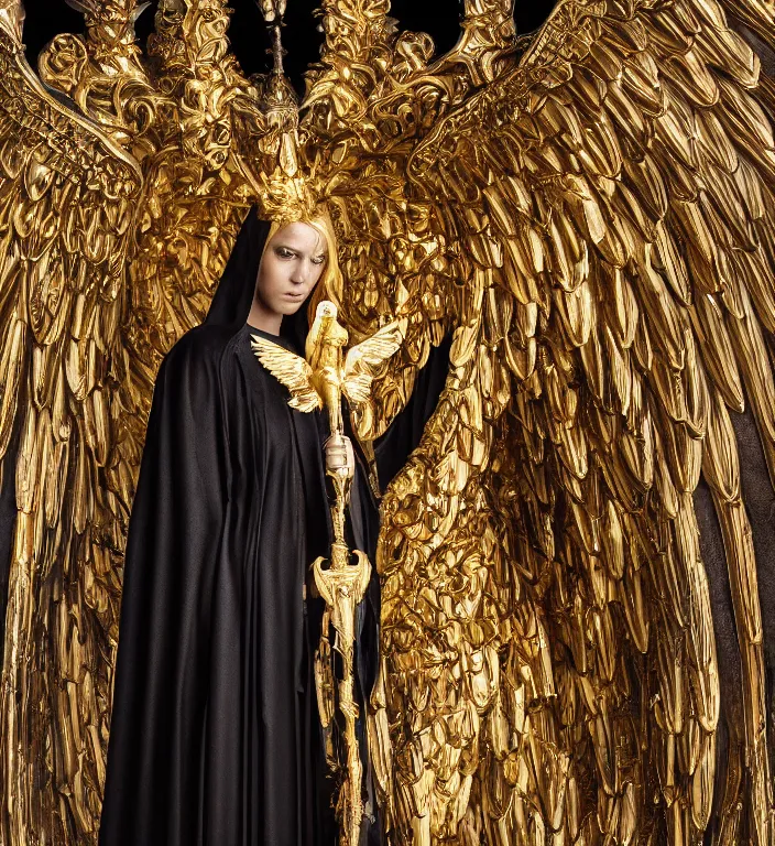 Image similar to full length picture of the angel of death wearing black robe with gold wings in an elaborate cathedral, octane, 8k, ultra detailed, photorealistic + sigma 105mm f2.8 macro