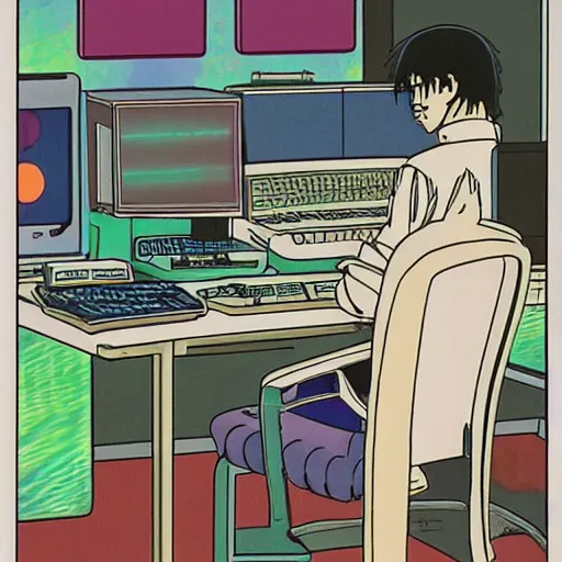 Prompt: man working at his computer in the 8 0 s, vaporwave nostalgia, 8 0 s anime, studio ghibli, sketched by osamu tezuka