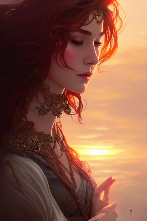 Prompt: sunrise, dark fantasy, intricate, elegant, highly detailed, digital painting, artstation, concept art, matte, sharp focus, illustration, art by artgerm and alphonse mucha