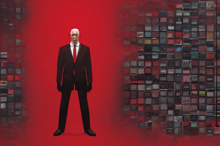 Image similar to an expressive portrait of agent 4 7 from hitman wearing headphones standing in front of a wall of vinyl records, dark background, red rim light, digital art, artstation, concept art by giger stalenhag