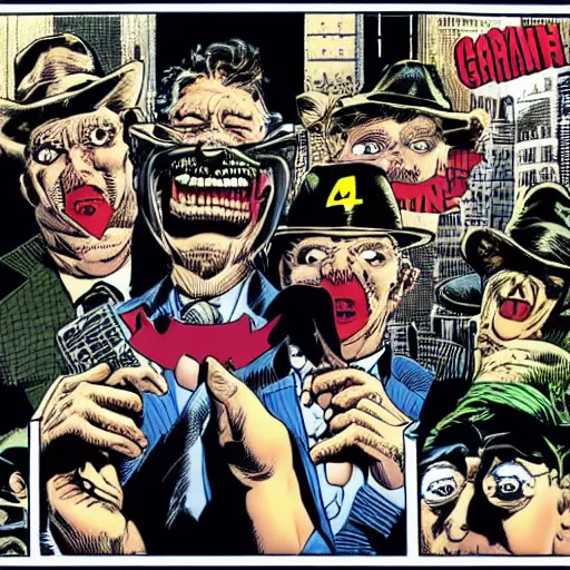 Image similar to drawing of 1 4 tiny jokers crawling out the mouth of gotham city's finest investigative reporter, 4 k art by brian bolland