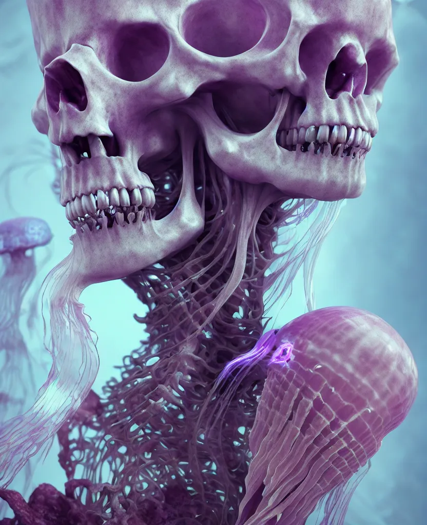 Image similar to goddess close - up portrait human skeleton, ram skull, jellyfish, orchid, betta fish, bioluminiscent, intricate artwork by tooth wu and wlop and beeple. octane render, trending on artstation, greg rutkowski very coherent symmetrical artwork. cinematic, hyper realism, high detail, octane render, 8 k