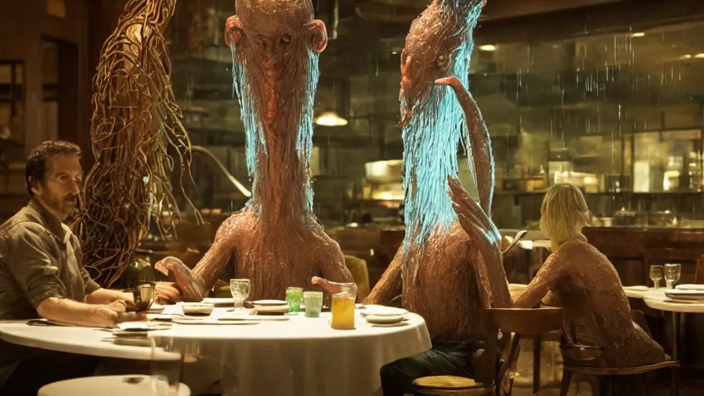 Image similar to the tall strange creature helps customers in the restaurant, made of water, film still from the movie directed by Denis Villeneuve with art direction by Salvador Dalí, wide lens