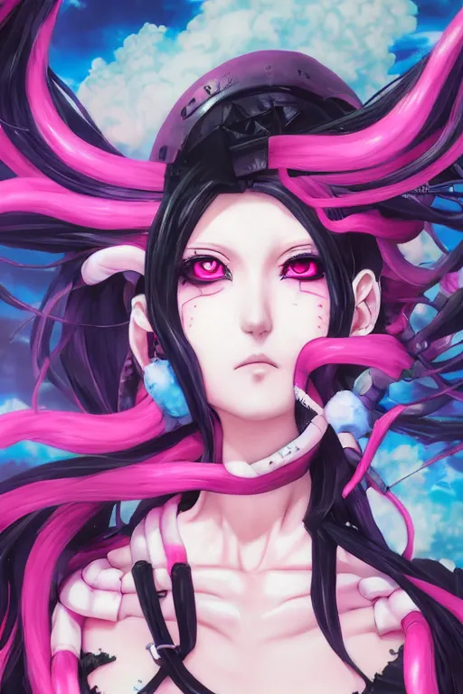 Image similar to portrait of an anime manga cybergoth girl with pink and black floating dreads, straight on portrait, by artgerm, james jean, tom bagshaw, gerald brom, vaporwave colors, lofi colors, vaporwave, lofi, goth vibe, 4 k, smooth, hd, substance designer render,