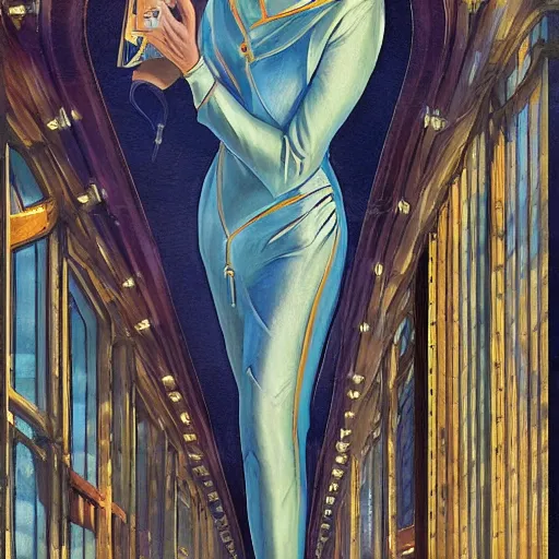 Image similar to a streamline moderne, ( art nouveau ), ( dieselpunk ) painting in the style of charlie bowater, and in the style of donato giancola, and in the style of charles dulac. symmetry, smooth, sharp focus, ultrarealism, intricate symmetrical ultrafine background detail.