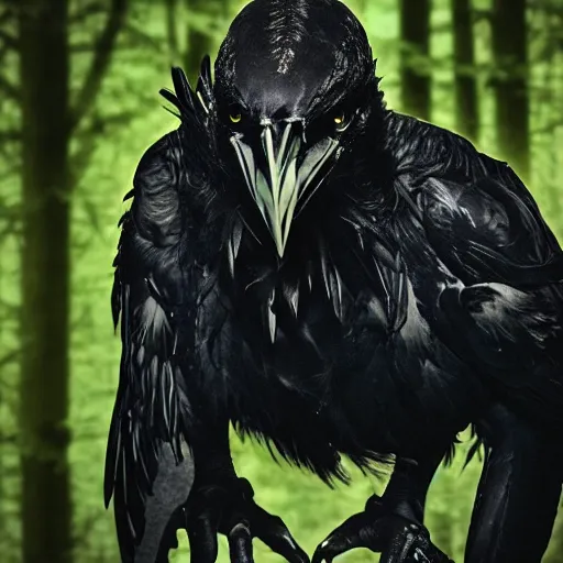 Image similar to werecreature consisting of a crow and a human, photograph captured in a dark forest