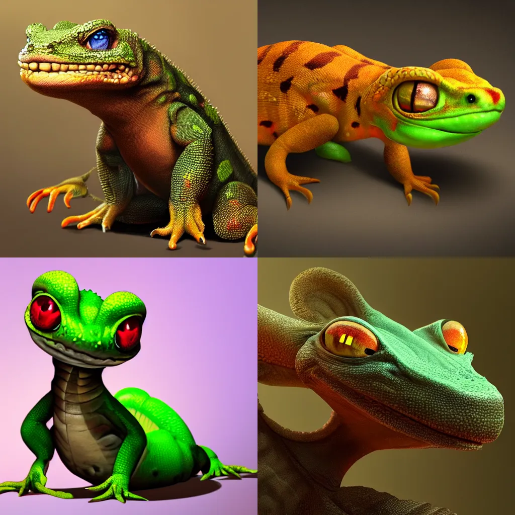 Prompt: concept art angry cute gecko, 8 k resolution, artstation trending, rtx, soft lighting