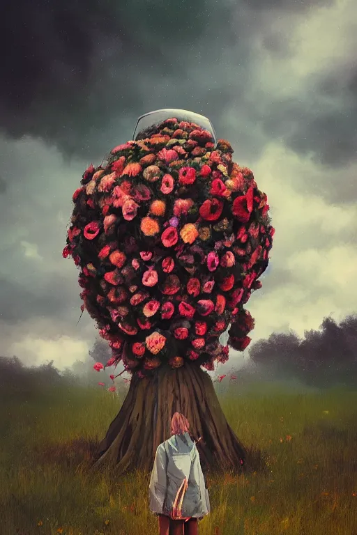 Image similar to portrait of giant flower head, a girl with coat between bushes, surreal photography, wind and cold, dramatic sky, impressionist painting, digital painting, artstation, simon stalenhag