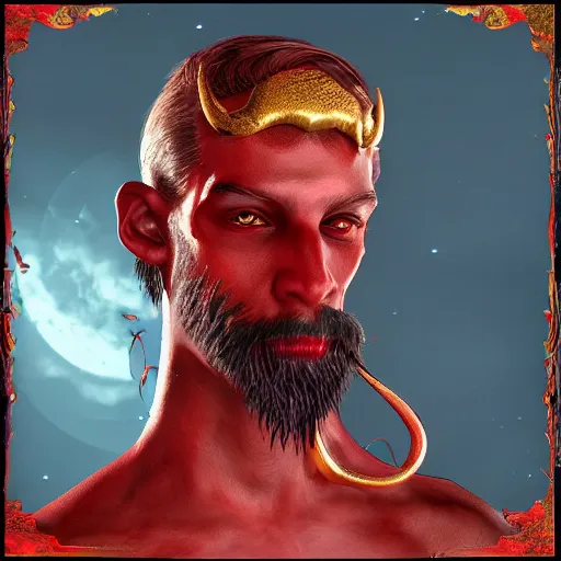 Image similar to dnd render of a male tiefling, red scales, a big black beard, completely golden eyes, 1 curved horn growing out of his forehead, one broken horn growing out of his forehead,