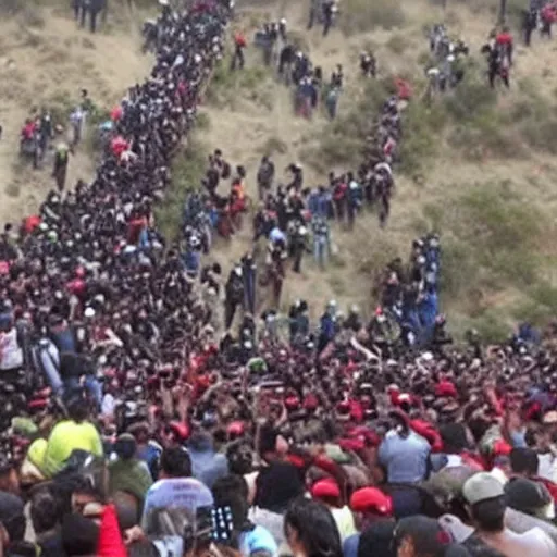 Image similar to thousands of zombified Mexicans attempt to climb Donald Trump’s Mexican border wall, he sprays his minigun at them wildly with rage