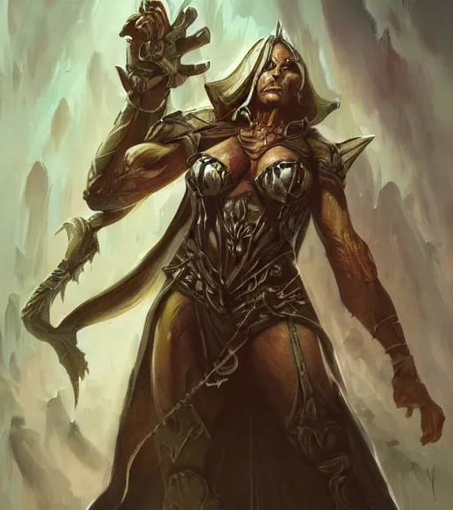 Image similar to a concept art painting of a evil female half - orc priest, art by karol bak and mark brooks and artgerm, centered, trending on artstation