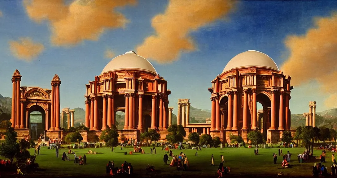 Prompt: the san francisco palace of fine arts during the intergalactic futuristic fair, romantic era painting, majestic