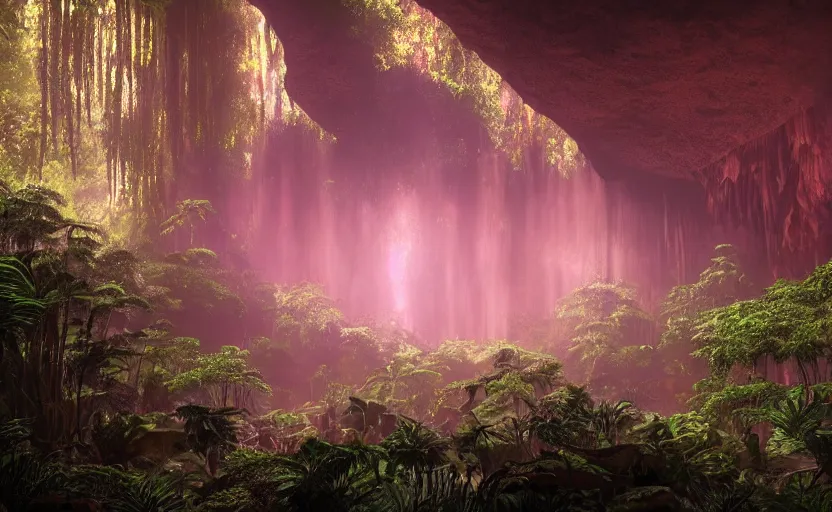 Image similar to a beautiful render of a dark prehistoric rainforest in a humongous cave, lush flora, patches of yellowish - red - magenta sky, sunset lighting, fireflies, floating mountains and a waterfall in the background, intricate detail, hazy, humid, volumetric lighting, god rays, 8 k, photorealistic, raytracing effects, unreal engine 5