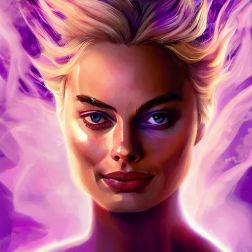 Prompt: a photo of Margot Robbie using her superpower of purple fire, ethereal fantasy, intricate, young and cute girl, beautiful, highly detailed, digital painting, artstation, dark fantasy art concept art, smooth, sharp focus, illustration