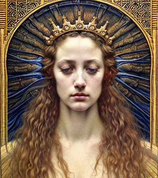 Image similar to detailed realistic beautiful young medieval queen of jupiter face portrait by jean delville, gustave dore and marco mazzoni, art nouveau, symbolist, visionary, gothic, pre - raphaelite. horizontal symmetry by zdzisław beksinski, iris van herpen, raymond swanland and alphonse mucha. highly detailed, hyper - real, beautiful