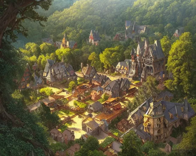 Image similar to small medieval village next to a forest, aerial view, deep focus, d & d, fantasy, intricate, elegant, highly detailed, digital painting, artstation, concept art, matte, sharp focus, illustration, hearthstone, art by artgerm and greg rutkowski and laura sava and alphonse mucha