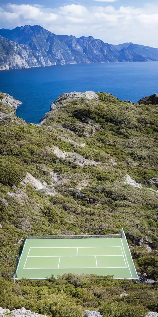 Image similar to Tennis court between mountains and sea. the style of National Geographic magazine