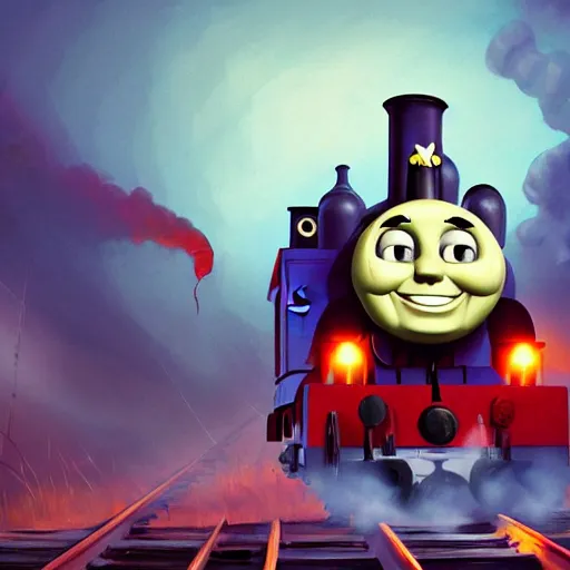 Image similar to gloomy and frightening thomas the engine goes straight to hell, artstation