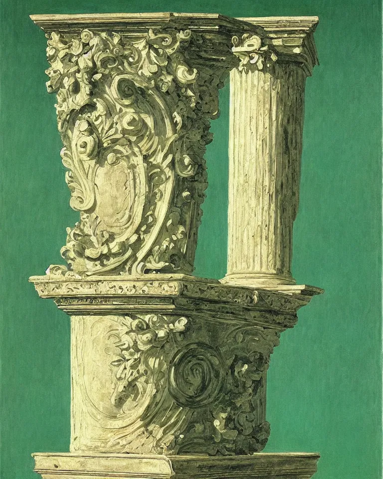 Image similar to achingly beautiful painting of intricate ancient roman corinthian capital on jade background by rene magritte, monet, and turner. giovanni battista piranesi.