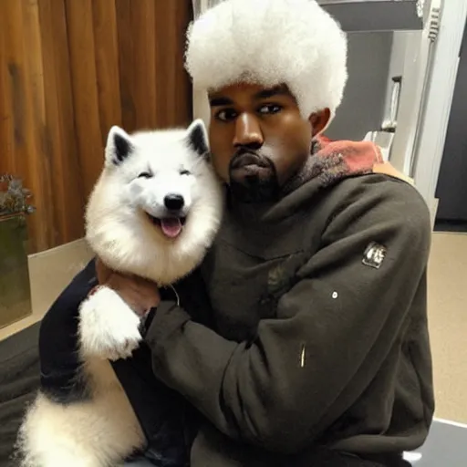 Prompt: kanye west and happy samoyed